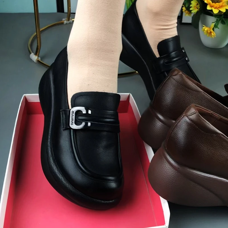 新款百搭牛皮圆头松糕底真皮单鞋女春秋厚底女鞋子黑乐福鞋妈妈鞋