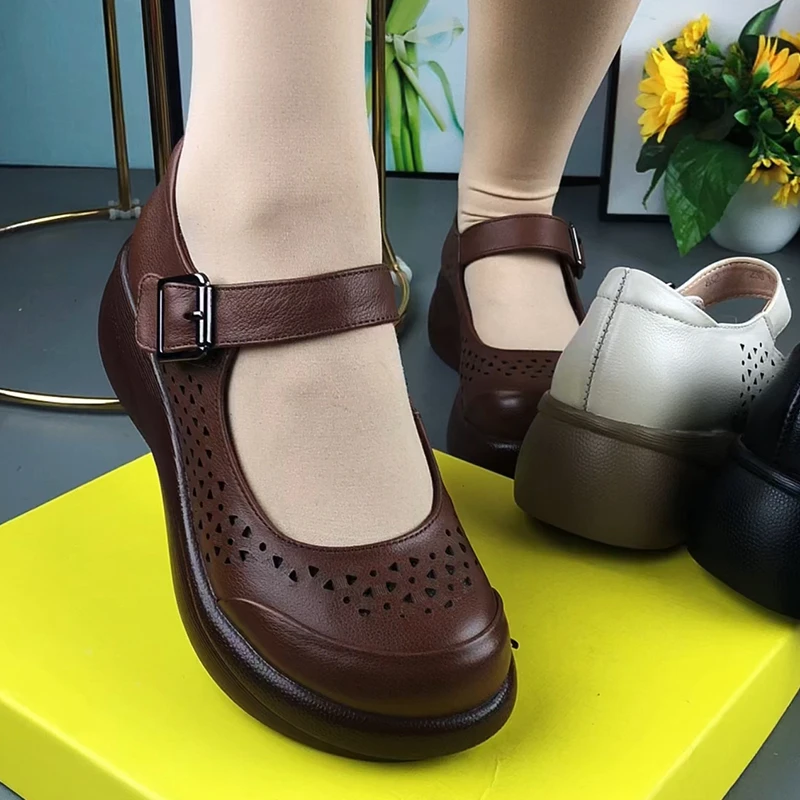 真皮女鞋夏季新款牛皮包头圆头厚底松糕底浅口单鞋透气洞洞鞋凉鞋