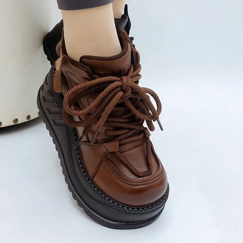 真皮运动鞋女新款秋冬季牛皮圆头松糕厚底女鞋系带高帮休闲老爹鞋
