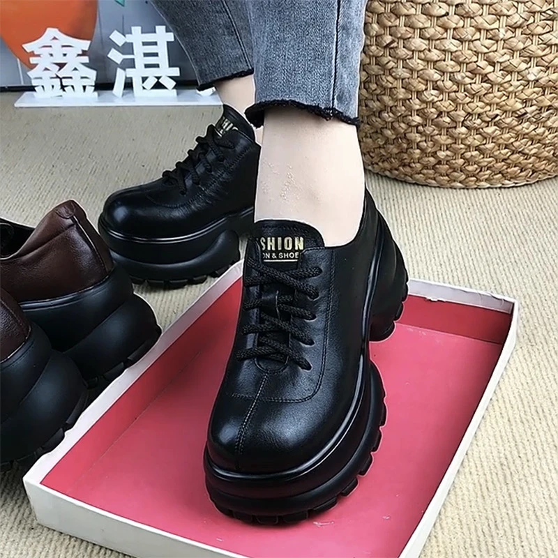 真皮女鞋春秋新款牛皮圆头粗跟中高跟单鞋系带英伦乐福鞋小皮鞋子