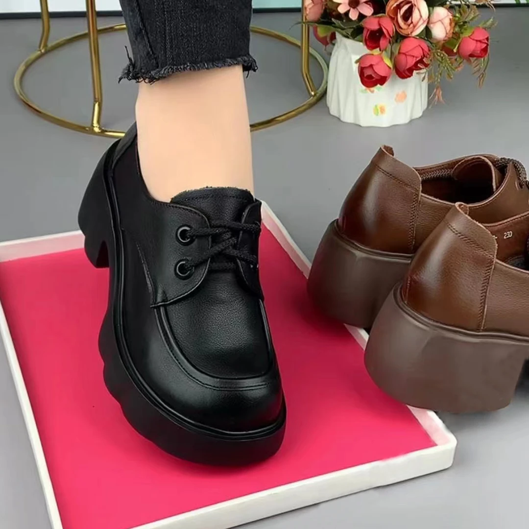 系带英伦乐福鞋真皮单鞋女春秋新款牛皮圆头厚底粗跟中低跟女鞋子