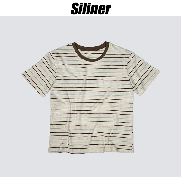 Siliner夏季休闲简约宽松透气百搭条纹撞色圆领短袖T恤TS1263