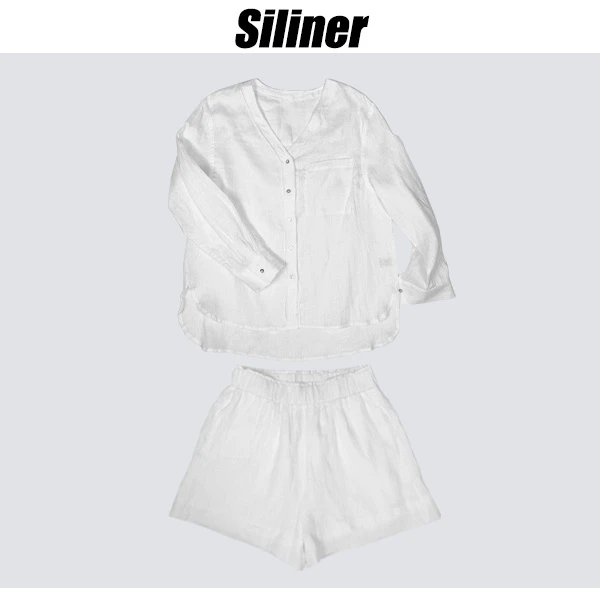 Siliner定制夏季休闲宽松百搭亚麻长袖衬衫短裤套装TZ80855