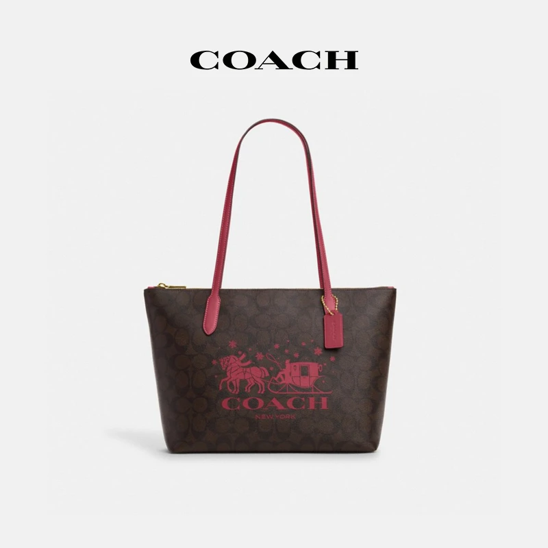 COACH/蔻驰 女士时尚百搭经典标志和马车图案顶部拉链托特包单肩