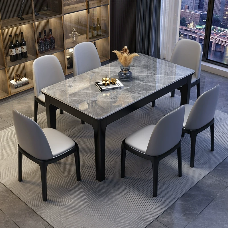 意式亮光岩板餐桌椅组合现代简约小户型家用全实木长方形吃饭桌子