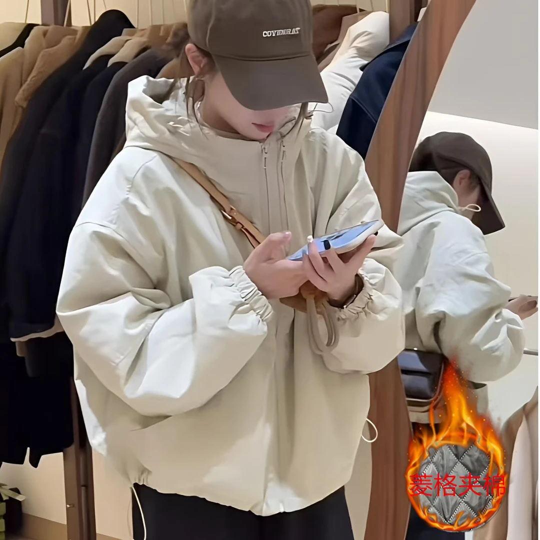 冲锋衣外套女短款夹棉加厚秋冬新款2024宽松高级感小个子上衣棉服