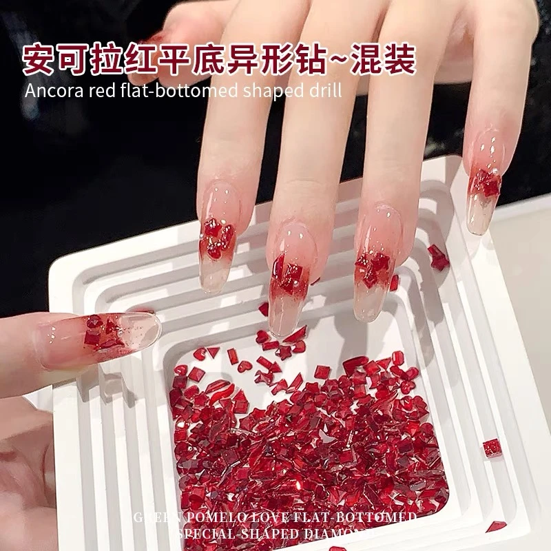 网红新款安哥拉红色美甲钻小号平底异形钻高级显白K9钻指甲装饰品