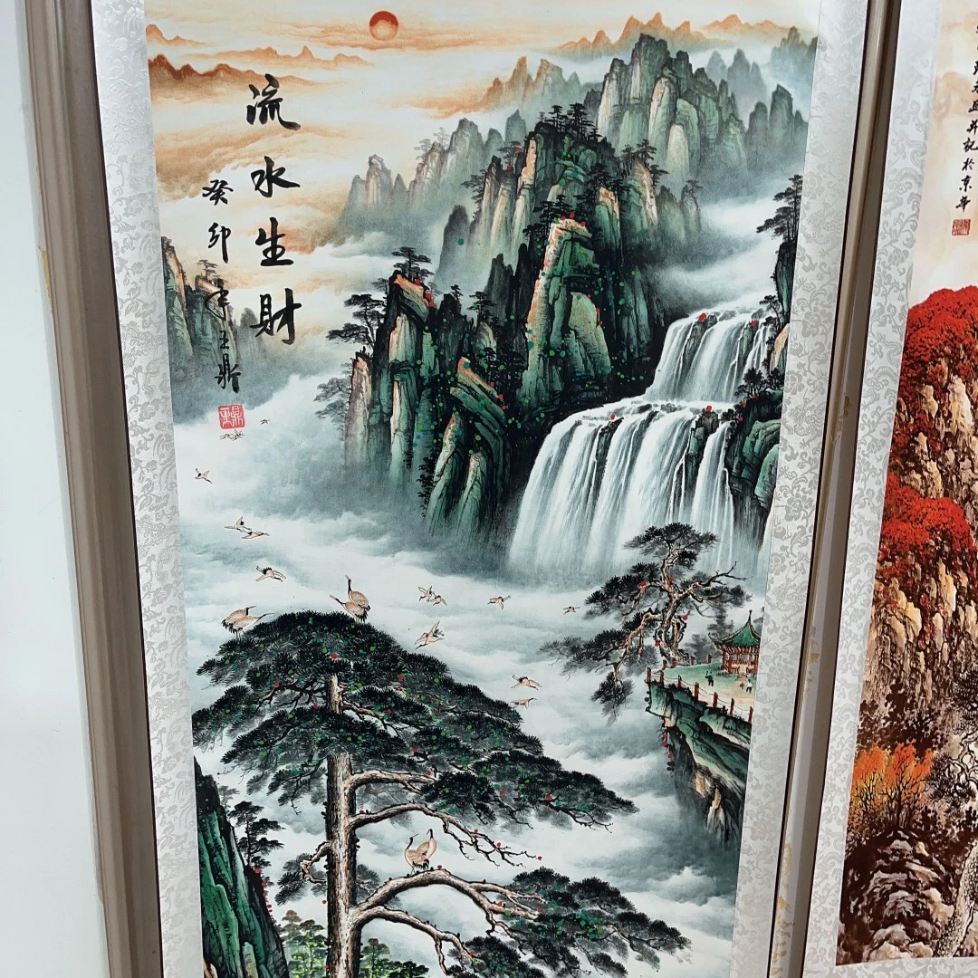 180*72 竖  流水生财 走廊玄关 宣纸  高清数字微喷 精品软装挂画