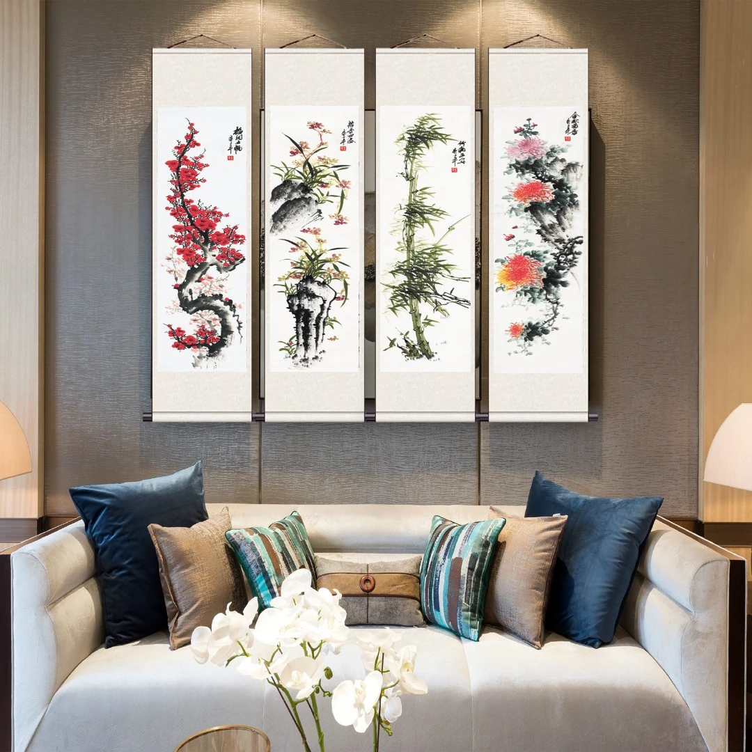180*40  梅兰竹菊   中堂客厅 宣纸  高清数字微喷 精品软装挂画