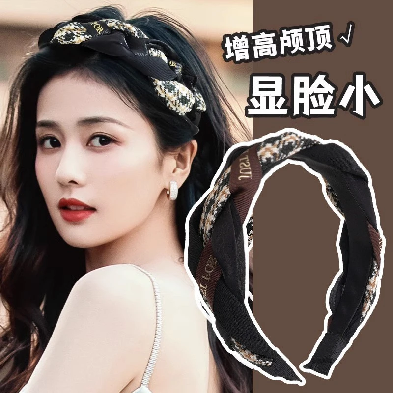 色增高颅顶褶皱发箍女款大肠显脸小洗脸头箍缎面发箍发饰