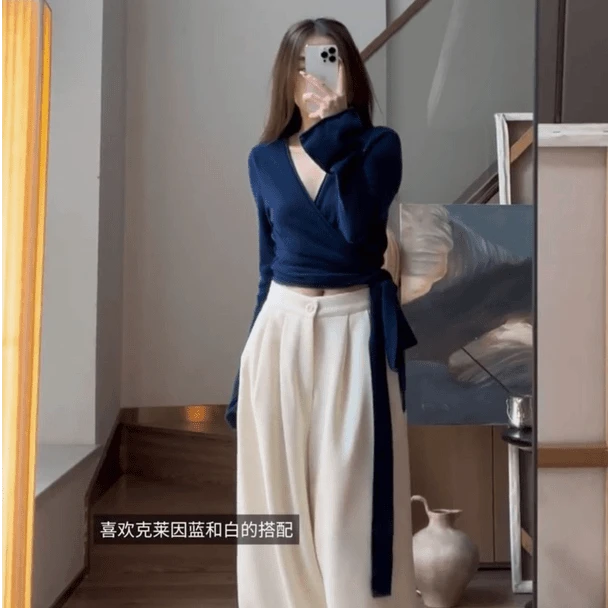 2024新款女士秋冬季时髦绑带修身气质显瘦上衣百搭高腰垂感休闲裤