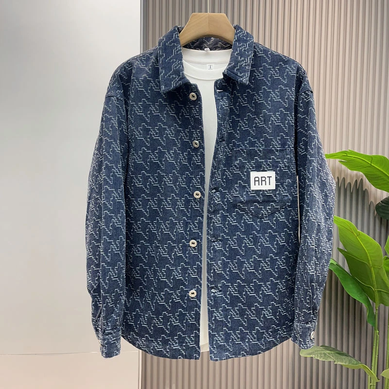 春秋季新款牛仔夹克衬衫男千鸟格上衣时尚百搭口袋男士翻领外套潮