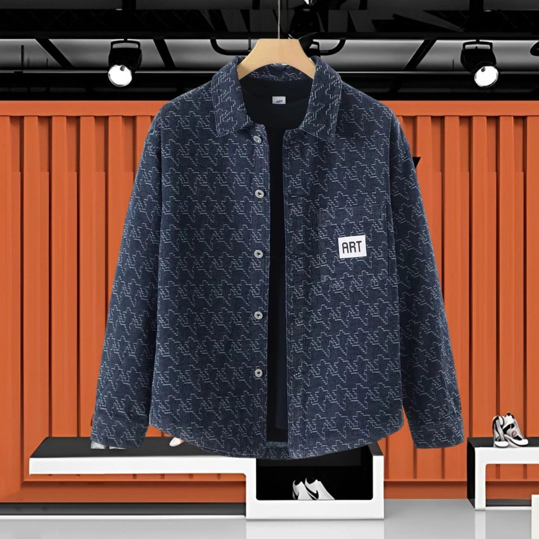 千鸟格牛仔外套韩版百搭翻领夹克男士牛仔衬衫贴布口袋设计上衣潮