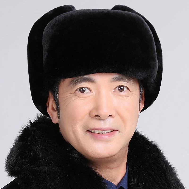 冬季中老年老人冬天中年男帽老年人加厚加绒爸爸皮革护耳棉帽