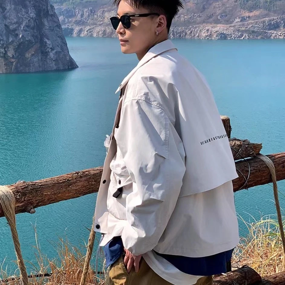 潮牌痞帅大口袋工装夹克拼接春秋户外运动休闲冲锋衣外套-23816