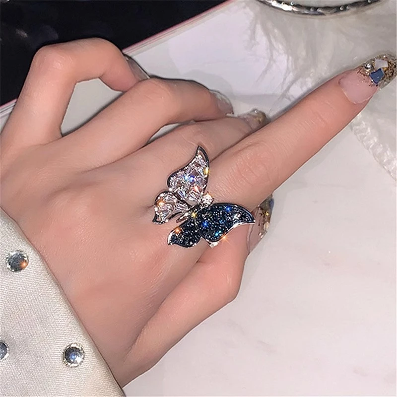 铜合金戒指 轻奢小众微镶锆石蝴蝶戒指女ins潮开口设计