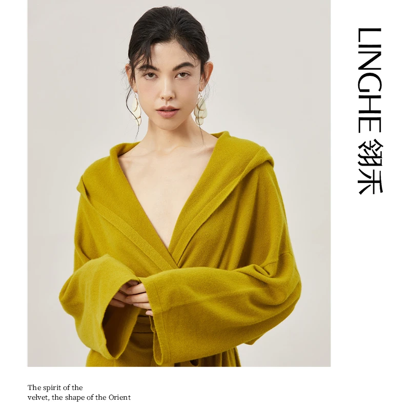 翎禾LINGHE-「彩想」大翻领廓形羊绒休闲慵懒随性百搭长款连帽外套