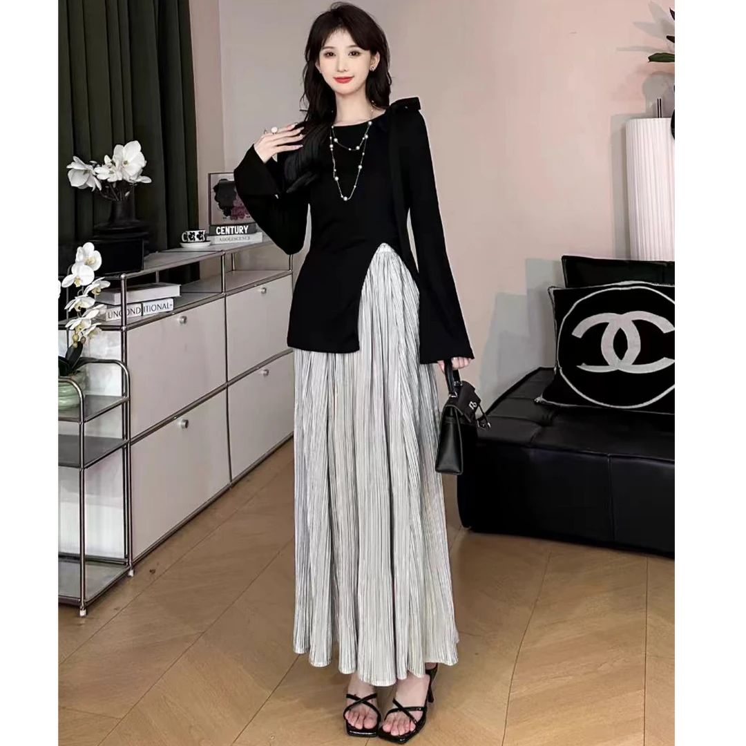 韩系甜美别致蝴蝶结系带长袖上衣初秋新款高腰显瘦百褶半身裙套装