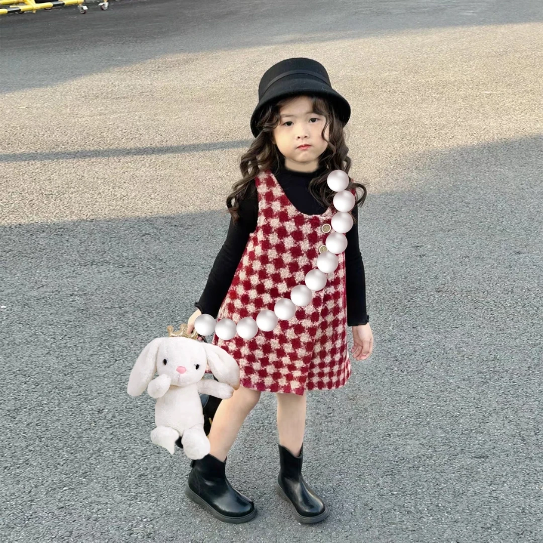 2024春款洋气毛呢背心裙新款韩版格子真两件套儿童千鸟格小香风