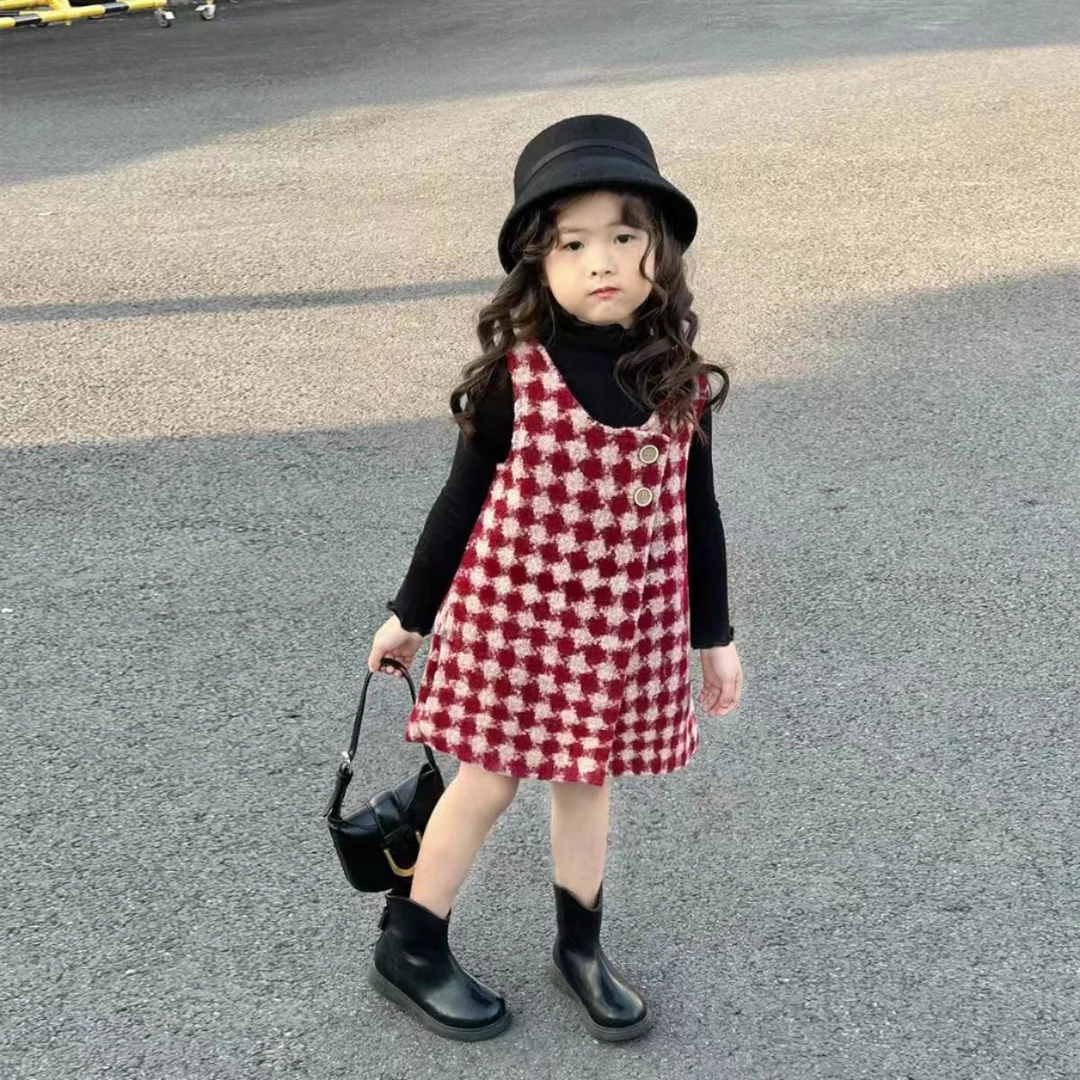 女童春秋洋气毛呢背心裙新款韩版格子真两件套儿童千鸟格小香风