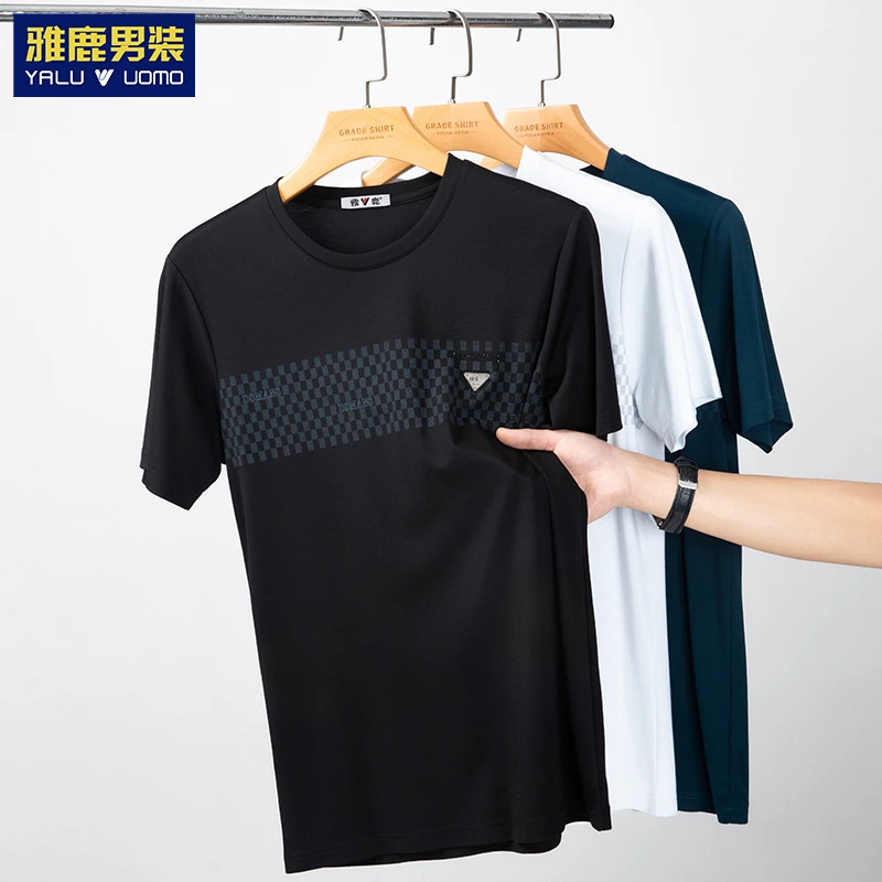 雅鹿男装中年男夏季凉感冰丝圆领短袖t恤爸爸夏装格纹体恤衫上衣