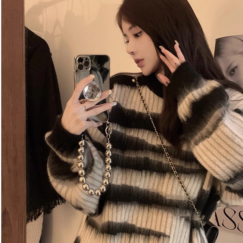 美式复古马海毛撞色条纹毛衣女秋冬宽松慵懒中长款圆领针织衫上衣