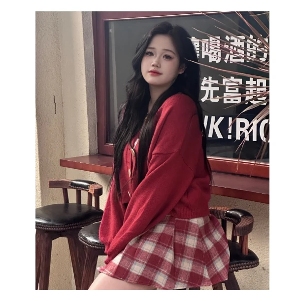 【小琳微胖女装】套装长袖针织显瘦高腰时尚红色格子套装jk