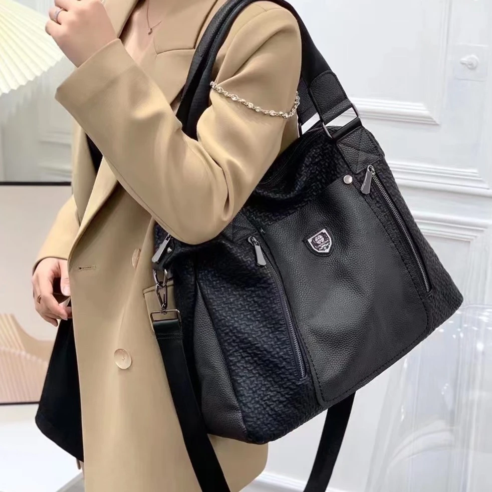 新款时尚炫酷牛皮百搭女士单肩手提斜跨包经典大容量旅行3022黑