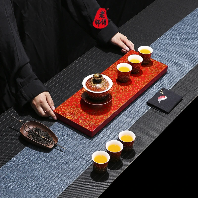 老师傅福州大漆干泡台茶盘手工犀皮漆实木高档干泡盘漆器礼盒装