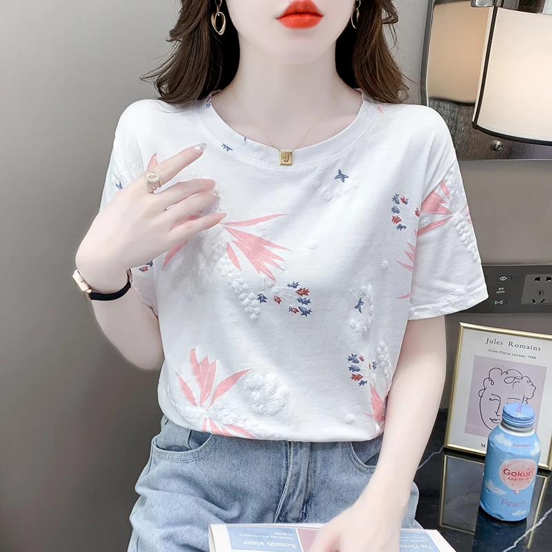 纯棉宽松显瘦百搭2023夏季新款潮ins印花T恤女士设计感圆领上衣