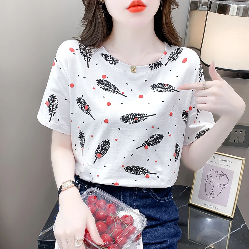 纯棉短袖t恤女2023新款宽松遮肉半袖体恤洋气印花夏装法式上衣服