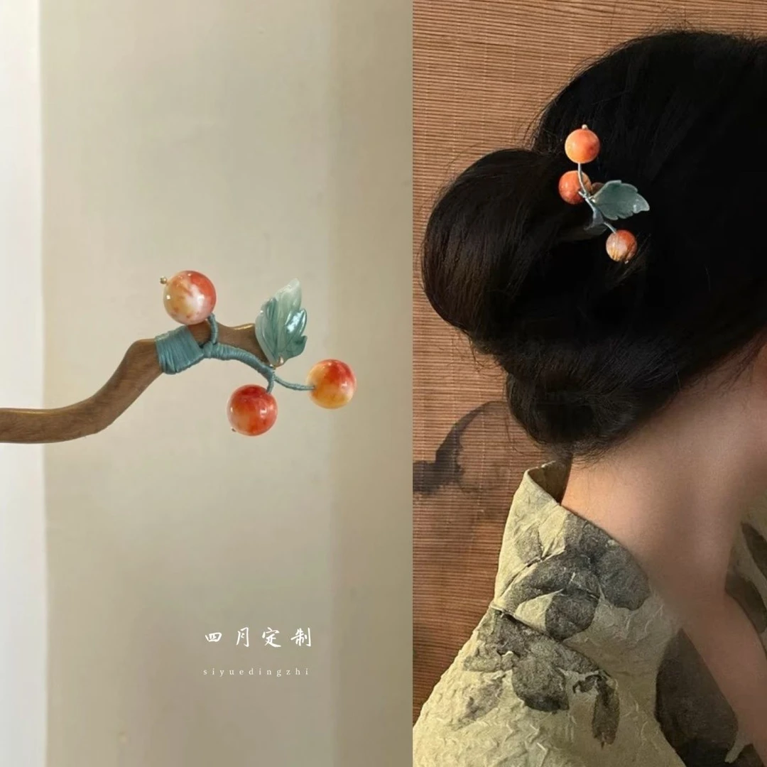 原创果子檀木发簪女中国风古风气质复古挽发簪子气质森系发钗发饰