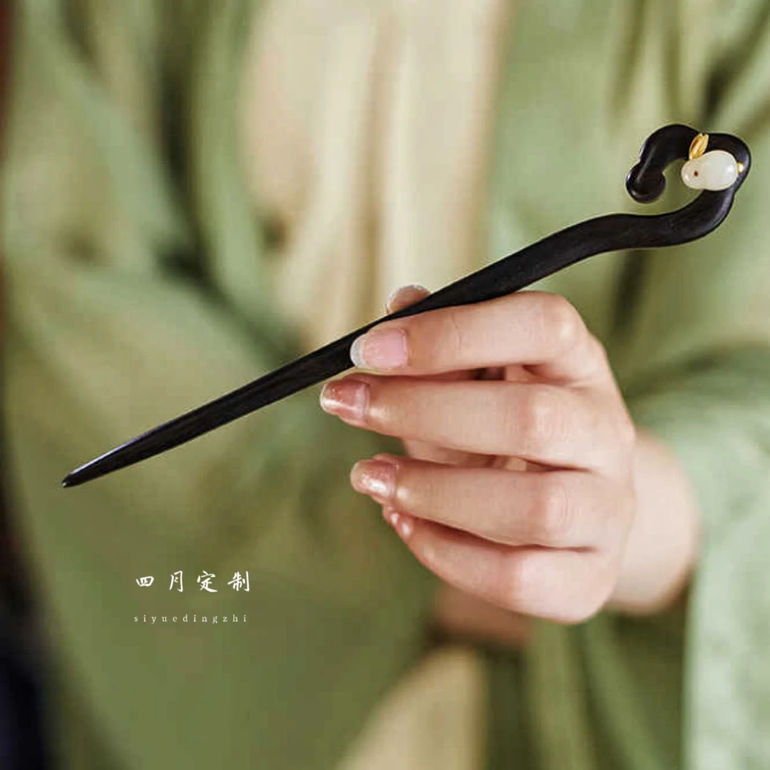 兔蕴玉兔天然黑檀木发簪女古风兔子木簪子简约木质发钗步摇发饰