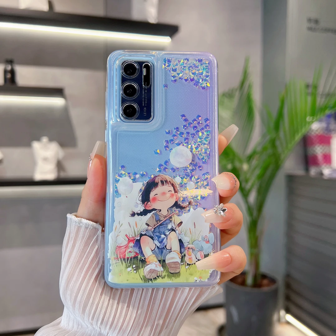 适用【华为P40】新款夏天的风小清新闪钻流沙女款可爱手机壳