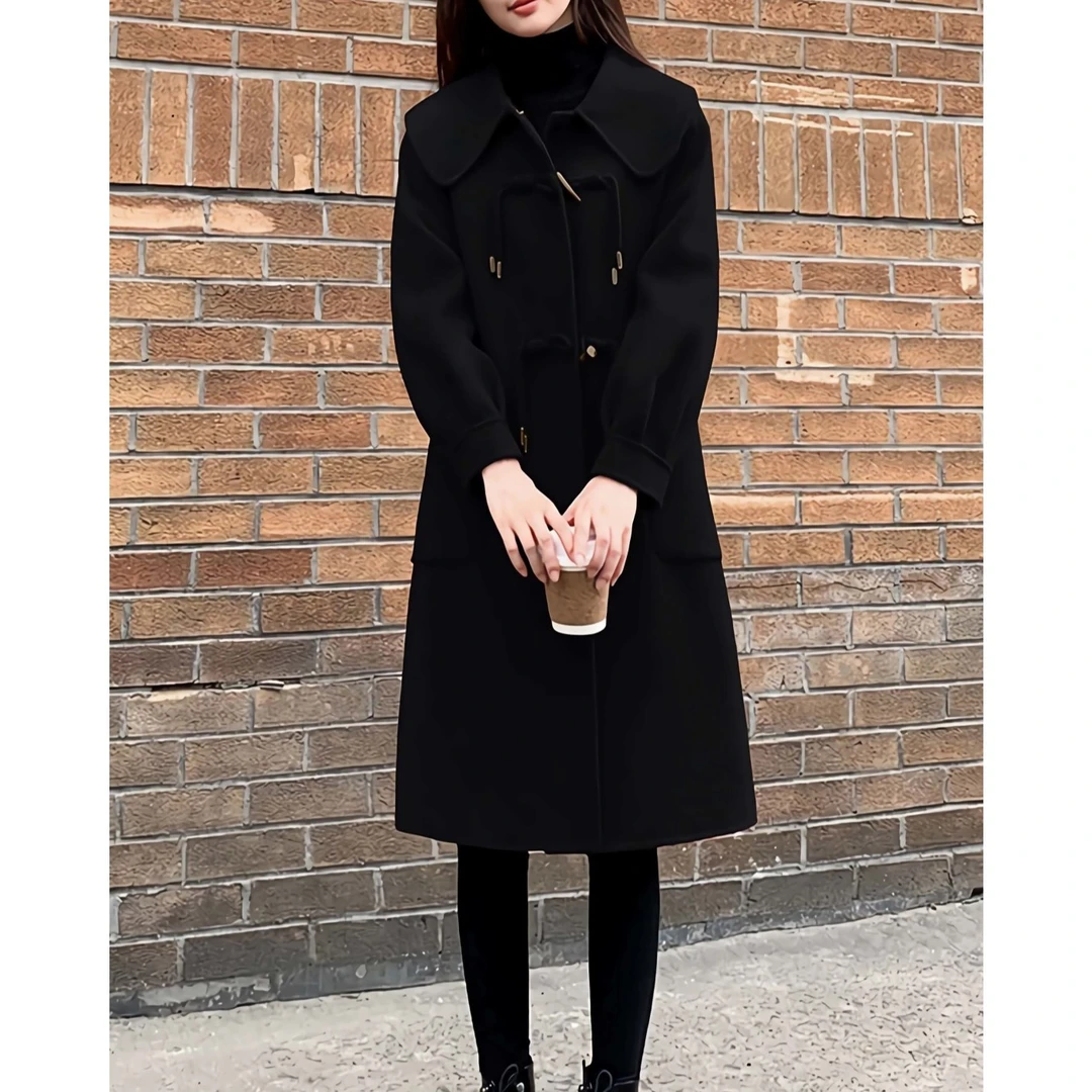 2025秋冬季网红时尚牛角扣100%羊毛中长款韩版小个子双面羊绒大衣