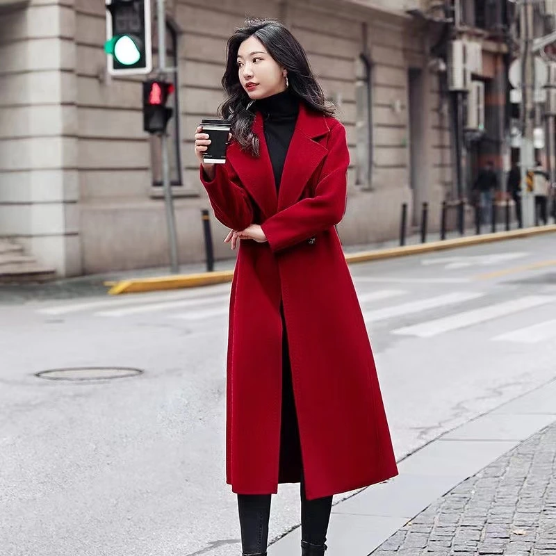 100%澳洲羊毛双面羊绒大衣女中长款早秋赫本风系带修身毛呢外套女