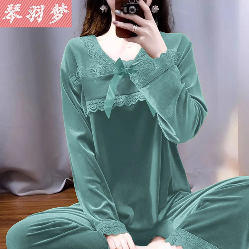 金丝绒睡衣女春秋款2024年新款长袖薄款仙女风家居服套装可外穿