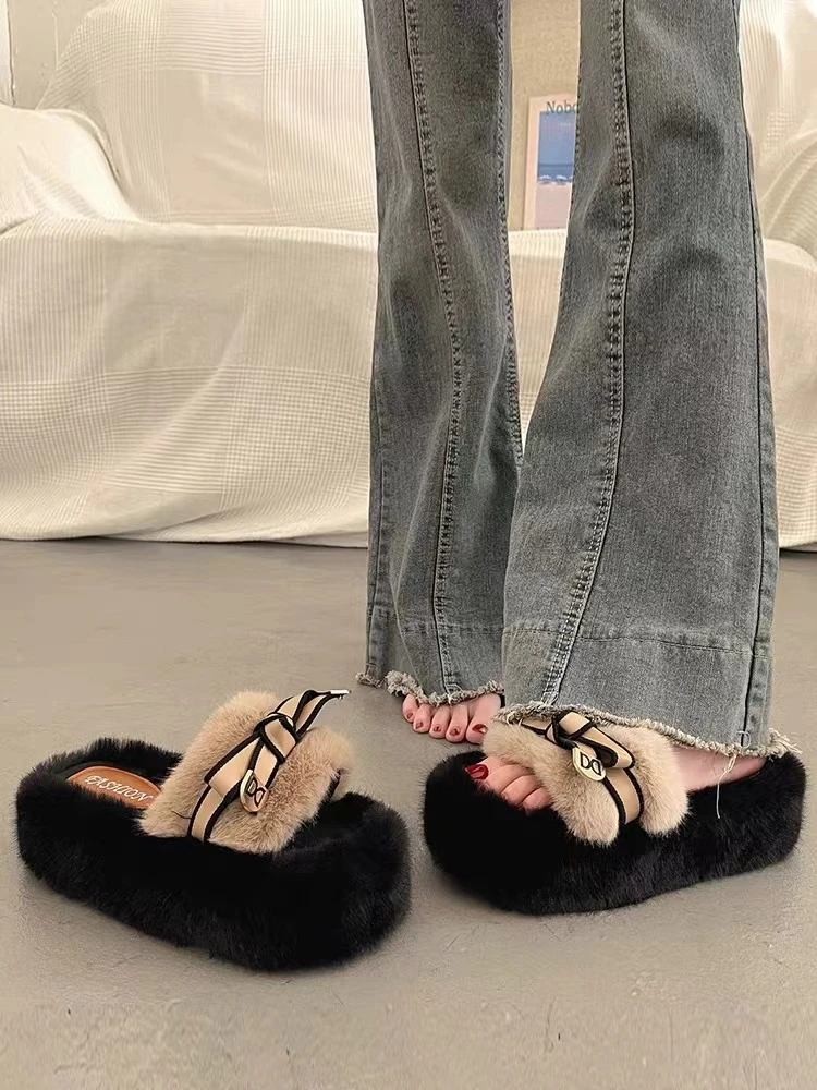 厚底增高7cm小个子毛毛棉拖鞋女2024秋冬新款蝴蝶结百搭居家外穿