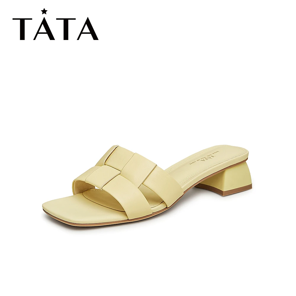 Tata他她外穿羊皮一字拖鞋女舒适粗跟时装凉拖软面夏新款UAA01BT3