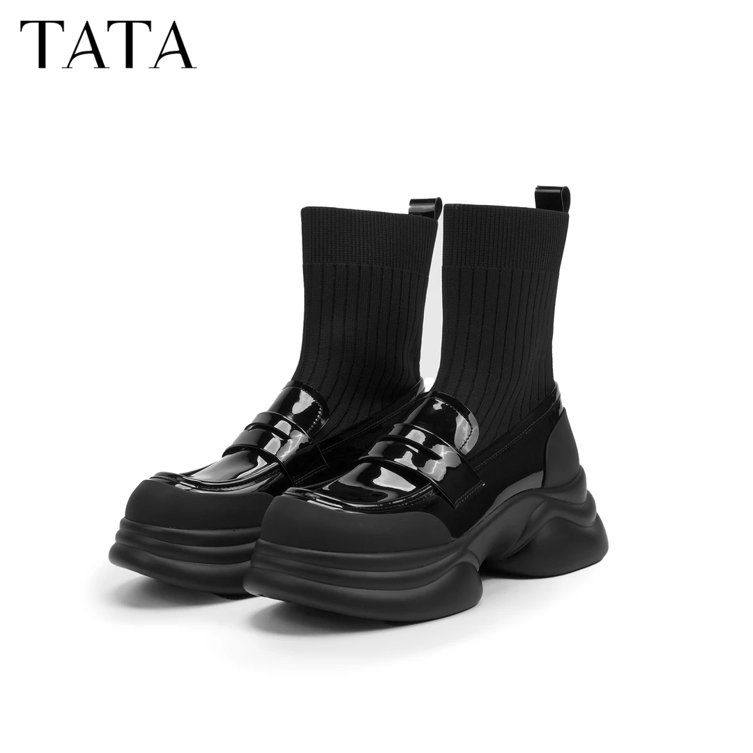 【保价双11】TATA他她厚底英伦乐福鞋瘦瘦弹力袜靴短靴冬CCJ02CZ5