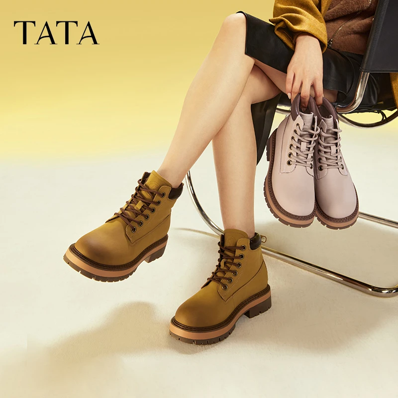 Tata他她踢不烂大黄靴女户外加绒厚底工装马丁靴2025冬季WZR01DD3