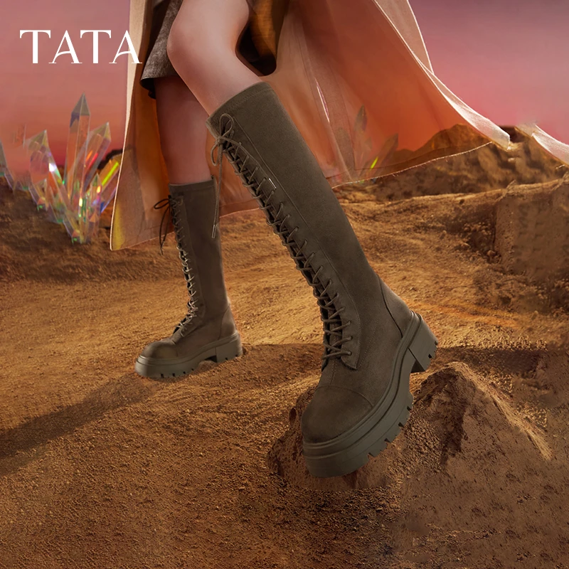 【他她】TATA厚底弹力骑士靴复古美拉德长筒靴新WD803DG3黑色/啡色