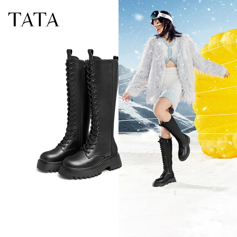 Tata他她厚底绑带显瘦骑士靴女秋冬季加绒黑色长靴长筒靴W3QA2DG2