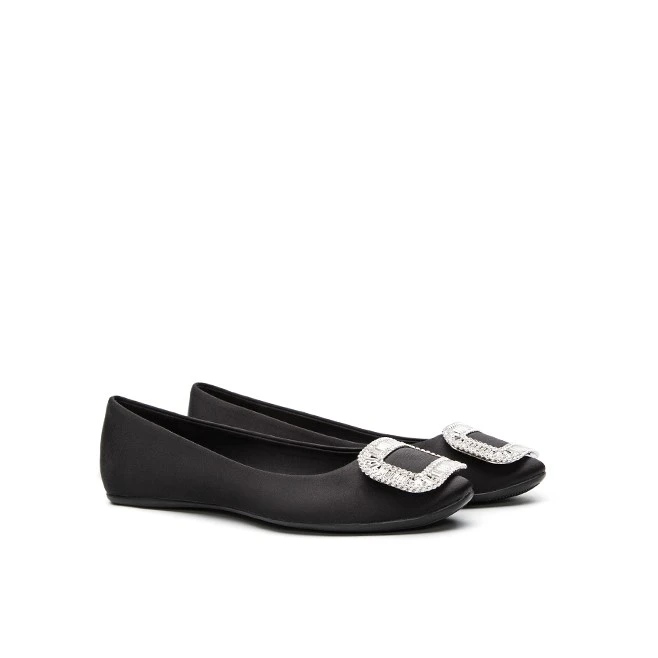 黑色平底鞋女2024秋冬新款圆头浅口百搭水钻方扣平底单鞋舒适通勤