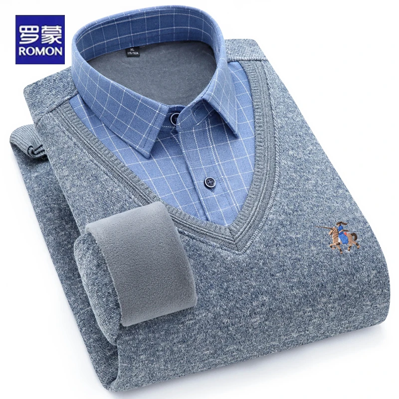 罗蒙秋冬季加绒加厚假两件男士长袖衬衫领套头保暖休闲针织衫毛衫