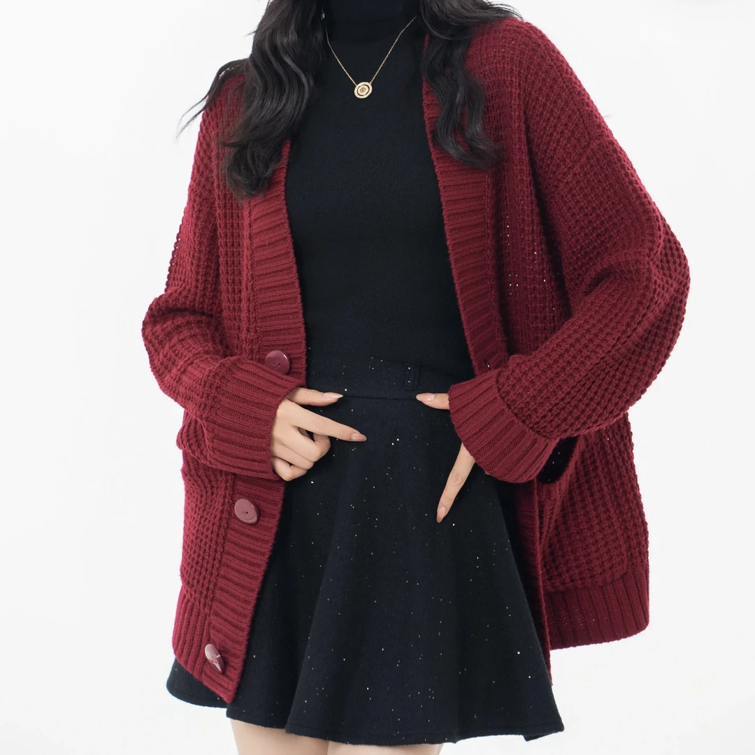 纯色v领宽松大板棒针针织女外套百搭时尚5499286