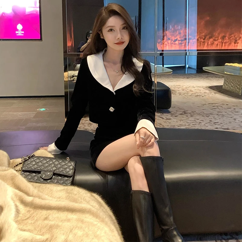 【两件套】名媛女高端套装御姐风短外套黑色半身裙高级感小洋装6535
