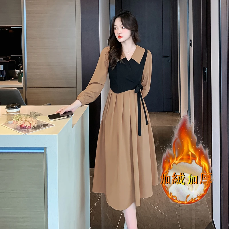 【加绒】法式复古长袖假两件连衣裙女气质显瘦赫本风长裙8857