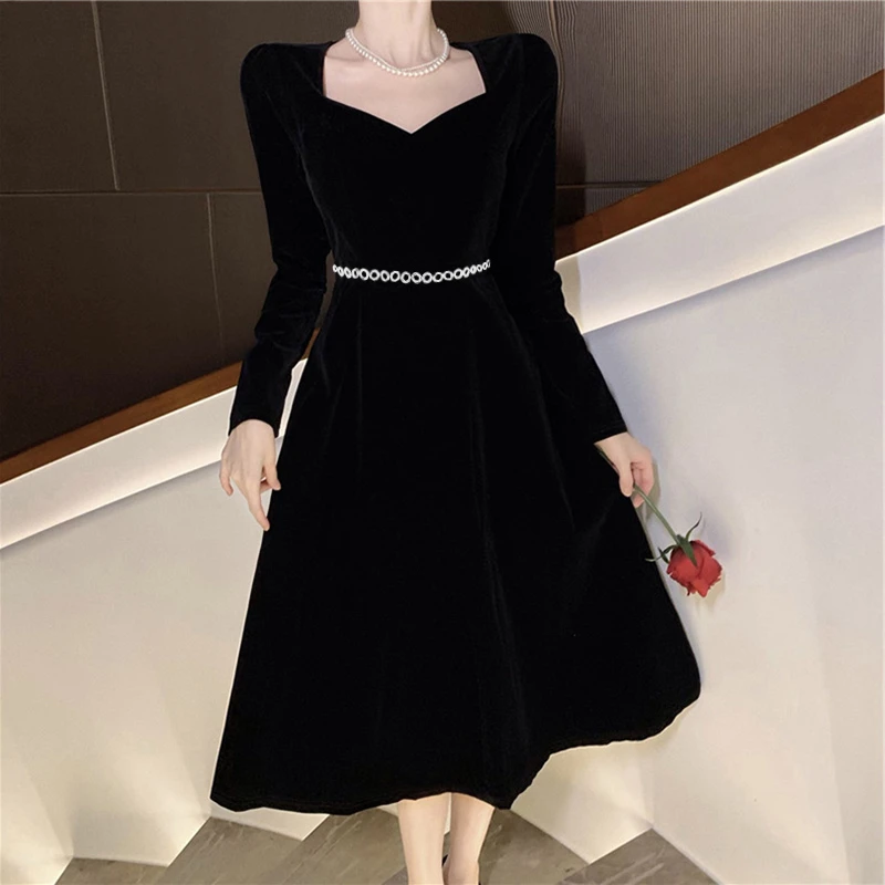 赫本风小黑裙新款气质名媛晚礼服长袖黑色连衣裙子女6097