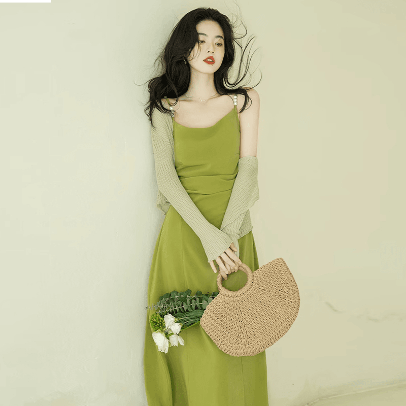 【密】【两件套】法式绿色连衣裙夏2024新气质绝美超仙吊带开衫6904
